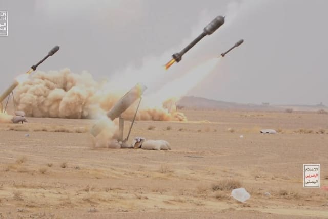  Projectiles are being launched during a military manoeuvre near Sanaa, Yemen, October 30, 2023.  (photo credit: Houthi Media Center/Handout via REUTERS)