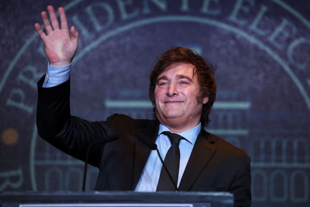 Argentine president-elect Javier Milei addresses supporters after winning Argentina's runoff presidential election, in Buenos Aires, Argentina November 19, 2023 (photo credit: REUTERS/AGUSTIN MARCARIAN)