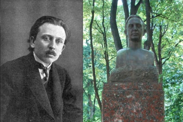 Photo of the statue of Octavian Goga and an archived photo. (photo credit: Wikimedia Commons)