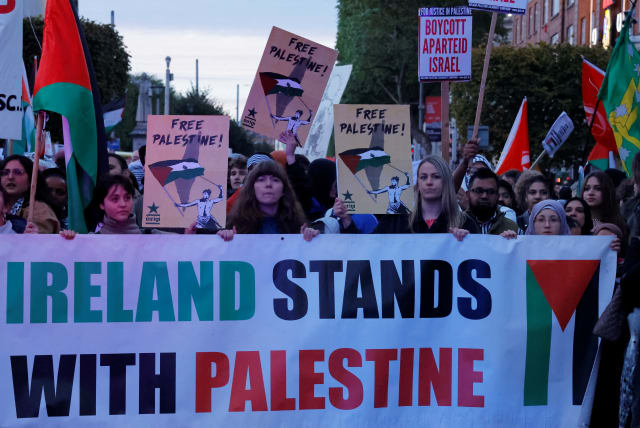  Demonstrators rally during a 'Stand with Palestine' protest in solidarity with Gaza, in Dublin, Ireland October 11, 2023 (photo credit: REUTERS/CLODAGH KILCOYNE)