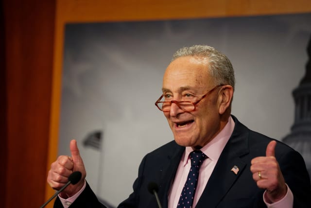  U.S. Senate Majority Leader Chuck Schumer (D-NY) holds a press conference after the Senate passed a continuing resolution to avoid a shutdown of the federal government, in Washington, U.S., November 15, 2023. (photo credit: REUTERS/ELIZABETH FRANTZ)
