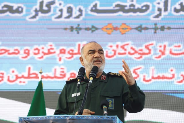  ISLAMIC REVOLUTIONARY Guard Corps Commander-in-Cheif Major General Hossein Salami speaks at an anti-Israel protest in Tehran on Saturday. The IRGC trained Hezbollah to use human shields, say the writers. (photo credit: WEST ASIA NEWS AGENCY/REUTERS)