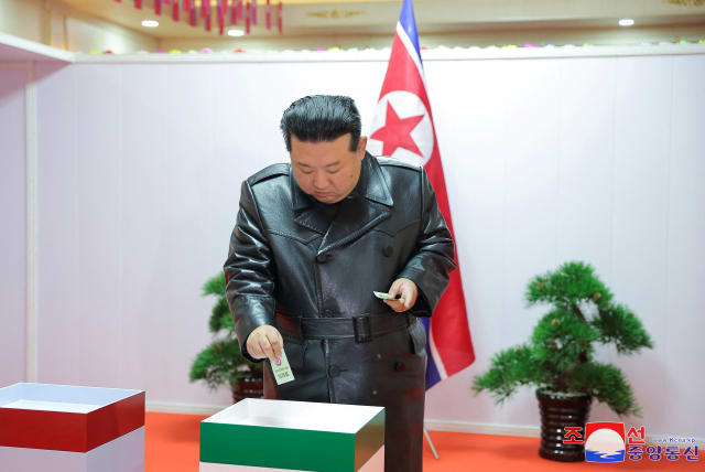  North Korea's leader Kim Jong-un casts his ballot during a local election, in South Hamgyong Province, North Korea, in this picture released on November 27, 2023 (photo credit: KCNA VIA REUTERS)