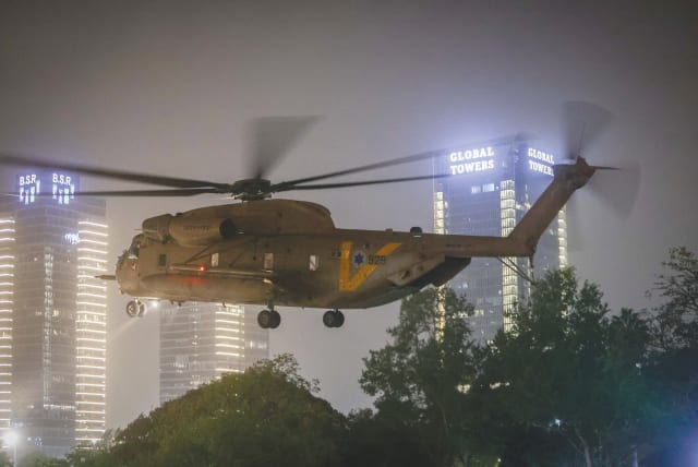  AN ISRAELI military helicopter with released Israeli hostages on board arrives at Schneider Children's Medical Center in Petah Tikva, on Sunday. (photo credit: YOSSI ALONI/FLASH90)