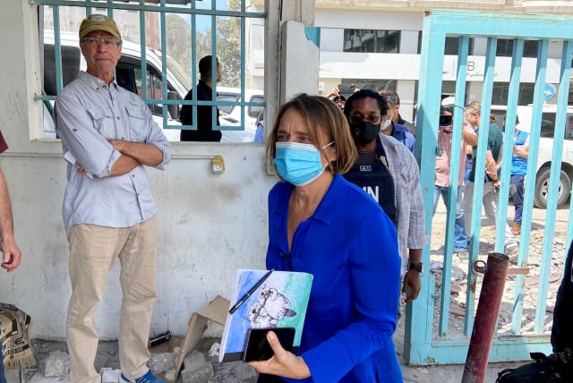 Lynn Hastings, the Head of the humanitarian operations in the Occupied Palestinian Territory, visits Gaza City May 22, 2021. (photo credit: REUTERS/Nidal al-Mughrabi)