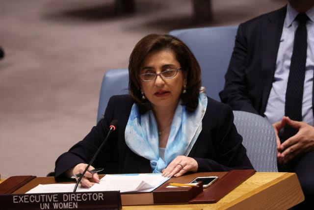  Sima Bahous, Executive Director of UN Women, speaks during the United Nations Security Council meeting on the situation amid Russia's invasion of Ukraine with a focus on women, at the United Nations Headquarters in Manhattan, New York City, New York, U.S., April 11, 2022. (photo credit: REUTERS/BRENDAN MCDERMID)