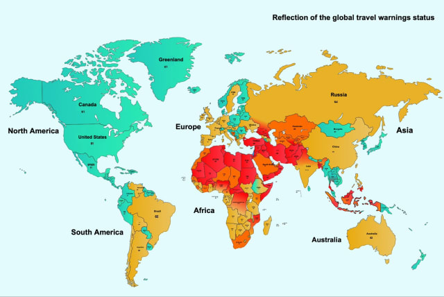  A map detailing the threat level for traveling Israelis across the globe (photo credit: JERUSALEM POST, Maariv Online)