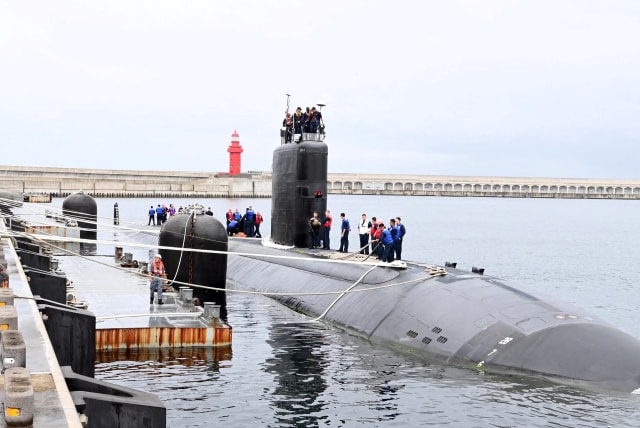  The US nuclear-powered submarine USS Annapolis is anchored at a naval base on Jeju Island, South Korea, July 24, 2023.  (photo credit: The Defense Ministry/Handout via REUTERS)