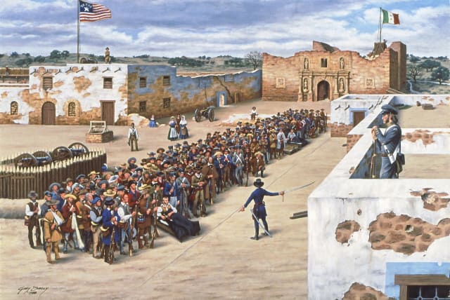  An illustration by Gregory Zaboly depicting William B. Travis drawing a line in the sand. (photo credit: ALAMO)