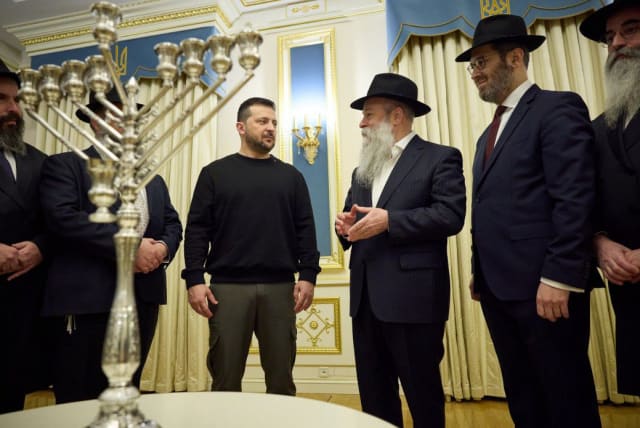  Ukrainian President Volodymyr Zelensky with Ukrainian rabbis on the first night of Hanukkah. December 7, 2023. (photo credit: President's office of Ukraine)