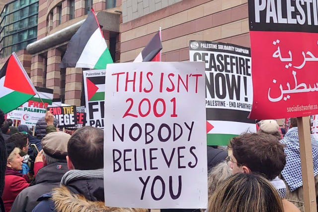 A sign at a London pro-Palestinian march, December 9, 2023. (photo credit: @_Jacker_)