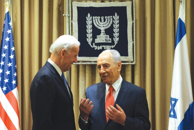  THEN-PRESIDENT Shimon Peres meets with then-US vice president Joe Biden in Jerusalem, 2010. In a 2006 conversation, Peres said to Biden: ‘What does Hamas have to do with victory?’  (photo credit: Yin Bogu/Reuters)