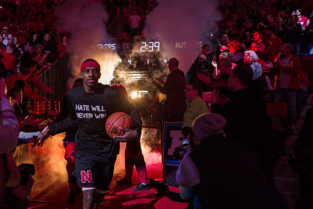  Nebraska guard Glynn Watson Jr., wearing a "Hate Will Never Win" T-shirt, takes the court in Lincoln, Nebraska, Feb. 10, 2018. The message was a response to the presence of a vocal white supremacist on the university campus.  (photo credit: John Peterson/Icon Sportswire via Getty Images)