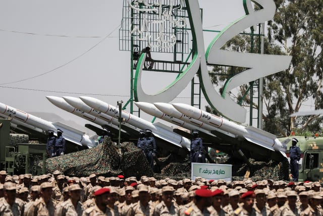  A view of missiles during a military parade held by the Houthis to mark the anniversary of their takeover in Sanaa, Yemen September 21, 2023. (photo credit: REUTERS/KHALED ABDULLAH)