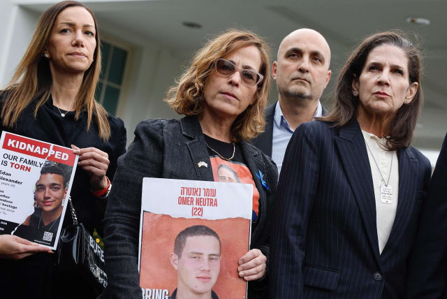  Family members of Americans who were taken hostage by Hamas during the terrorist attacks in Israel on Oct. 7, including, left to right, Yael Alexander, Orna Neutra, Adi Alexander and Liz Naftali talk to reporters outside the West Wing of the White House, Dec. 13, 2023. (photo credit: CHIP SOMODEVILLA/GETTY IMAGES)
