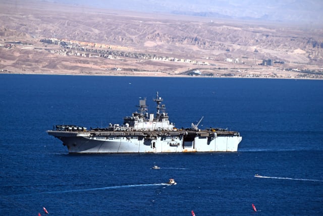  An American Navy ship seen in the red sea port of Eilat on June 8, 2021. (photo credit: FLASH90)