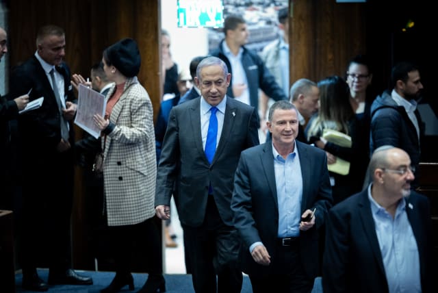  Prime Minister Benjamin Netanyahu at the Knesset during a vote on the state budget in Jerusalem, December, 2023 (photo credit: YONATAN SINDEL/FLASH90)
