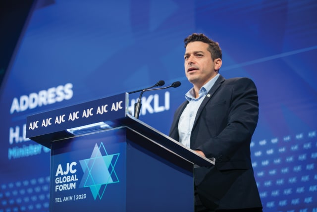  DIASPORA AFFAIRS Minister Amichai Chikli addresses the American Jewish Committee Global Forum in Tel Aviv, in June.  (photo credit: MIRIAM ALSTER/FLASH90)