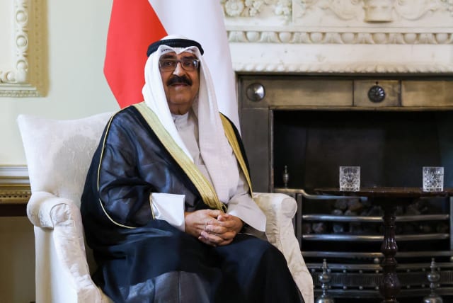  Kuwait's Crown Prince Sheikh Meshal al-Ahmad al-Sabah meets Britain's Prime Minister Rishi Sunak (not pictured) at 10 Downing Street, in London, Britain, August 29, 2023. (photo credit: REUTERS/HOLLIE ADAMS)