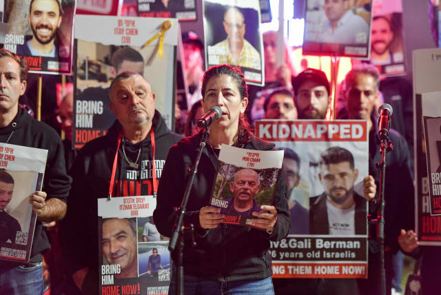  Families of Israelis held hostage by Hamas terrorists in Gaza hold a press conference at  "Hostage Square", outside the Art Museum of Tel Aviv, December 16, 2023. (photo credit: AVSHALOM SASSONI/FLASH90)