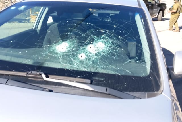  A car hit in a shooting attack near Ateret. December 18, 2023 (photo credit: BINYAMIN REGIONAL COUNCIL)
