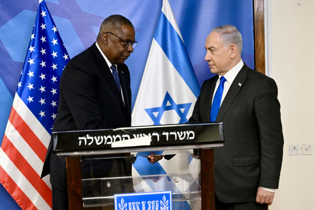  US Secretary of Defense Lloyd Austin meets Israeli Prime Minister Benjamin Netanyahu at the Kirya military base, December 18, 2023.   (photo credit: DAVID AZAGURY, US EMBASSY TEL AVIV)