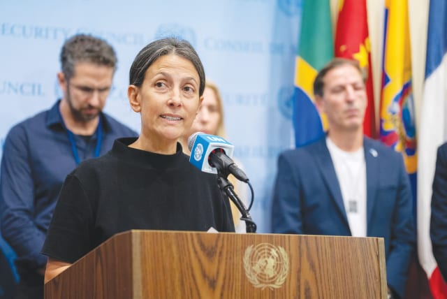  RACHEL GOLDBERG addresses the media at United Nations headquarters in New York in October. (photo credit: David Dee Delgado/Getty Images)