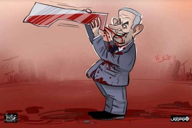 A cartoon that appeared on the Moroccan news site Hespress on December 4, 2023. (photo credit: HESPRESS VIA ADL)