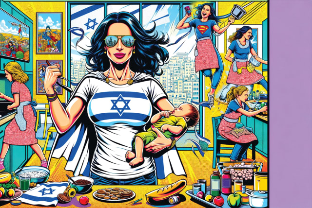  An AI-generated image of Israeli women being superheroes at home with their husbands and partners off in the IDF reserves. (photo credit: DALL-E image generator)