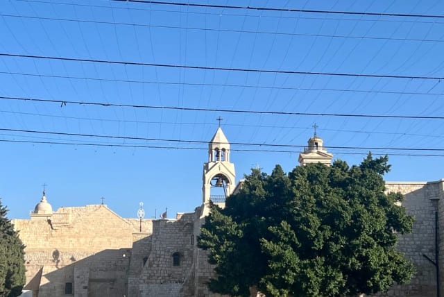  The top of the Church of the Nativity and Manger Square on December 22, 2023. (photo credit: MAAYAN JAFFE-HOFFMAN)