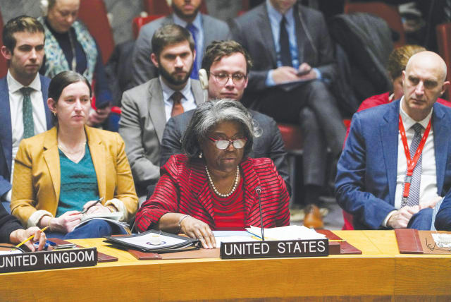  US AMBASSADOR to the UN Linda Thomas-Greenfield speaks at the Security Council on Friday. She said that she couldn't understand those refusing to condemn the atrocities committed by Hamas. (photo credit: David Dee Delgado/Reuters)