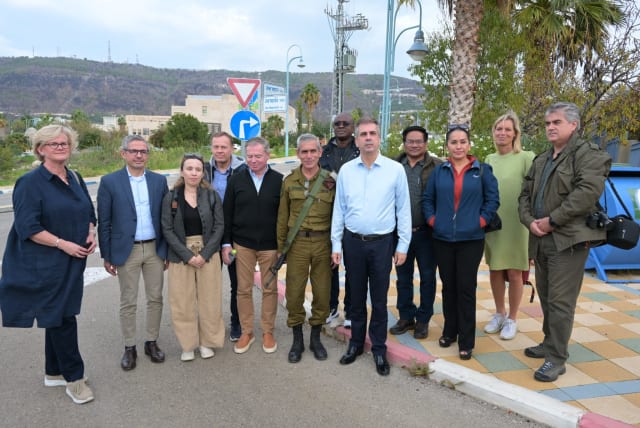  Eli Cohen with foreign diplomats on a tour of Israel's border with Lebanon, December 2023. (photo credit: Shlomi Amsalem/Foreign Ministry)