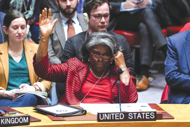  US AMBASSADOR to the UN Linda Thomas-Greenfield votes last Friday to abstain on a resolution demanding aid access to Gaza. Prime Minister Netanyahu thanked US President Biden for helping to craft the resolution. (photo credit: David Dee Delgado/Reuters)