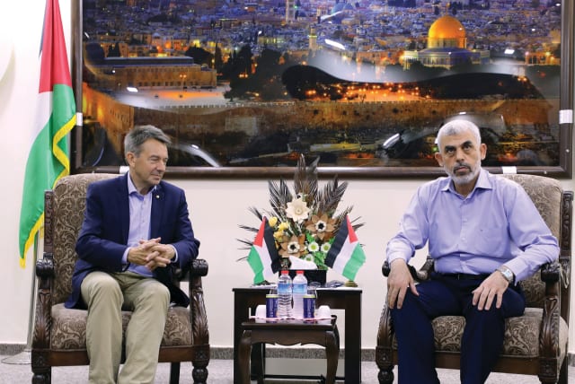  HAMAS GAZA head Yahya Sinwar meets with then-president of the International Committee of the Red Cross Peter Maurer, in Gaza City, in 2017. Patience has sustained the hatred of the Hamas terrorists for Israel and their belief that they will one day destroy the Jews. (photo credit: MOHAMMED SALEM/REUTERS)