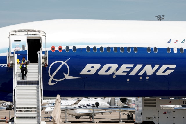  A Boeing logo is seen on a 777-9 aircraft on display during the 54th International Paris Airshow at Le Bourget Airport near Paris, France, June 18, 2023 (photo credit: REUTERS/BENOIT TESSIER)