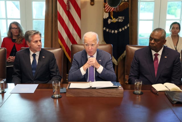  U.S. President Joe Biden, flanked by Secretary of State Antony Blinken and Secretary of Defense Lloyd Austin, makes a statement to the news media ahead of a cabinet meeting at the White House in Washington, U.S., October 2, 2023.  (photo credit: REUTERS/LEAH MILLIS)