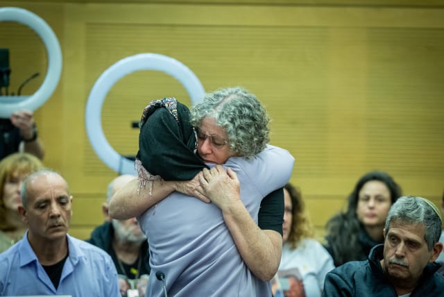  Released Israeli hostage Aviva Siegel attends the lobby for releasing the remaining hostages in the Gaza Strip, at the Knesset, the Israeli parliament in Jerusalem, January 9, 2024.  (photo credit: YONATAN SINDEL/FLASH90)