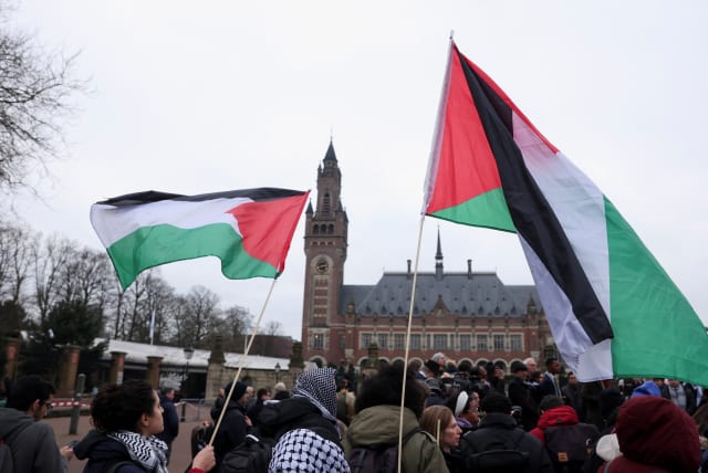  Pro-Palestinian demonstrators protest on the day judges of the International Court of Justice (ICJ) hear a request for emergency measures to order Israel to stop its military actions in Gaza, in The Hague, Netherlands January 11, 2024. (photo credit: REUTERS/THILO SCHMUELGEN)