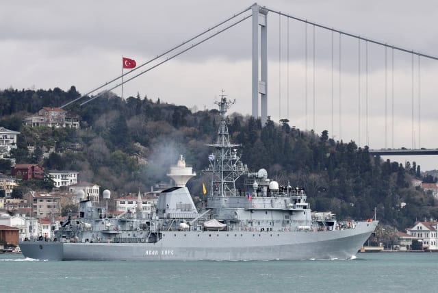  Russian Navy's intelligence-gathering vessel Ivan Khurs sails in the Bosphorus, on its way to the Mediterranean Sea, in Istanbul, Turkey March 30, 2021 (photo credit: YORUK ISIK/ REUTERS)