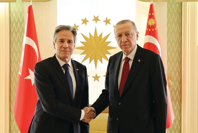  TURKISH PRESIDENT Recep Tayyip Erdogan meets with US Secretary of State Antony Blinken in Istanbul, earlier this month. Israel must implore the US to exert pressure on Turkey, the writer says.  (photo credit: Turkish Presidential Press Office/Reuters)