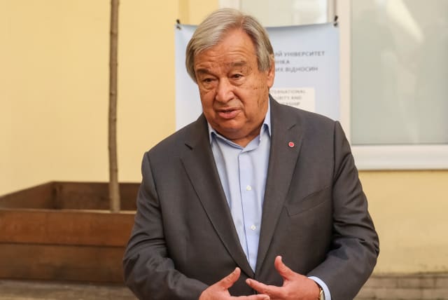  United Nations Secretary-General Antonio Guterres speaks to the media during a visit to the Ivan Franko National University of Lviv, amid Russia's attack on Ukraine continues, in Lviv, Ukraine August 18, 2022. (photo credit: REUTERS/GLEB GARANICH)