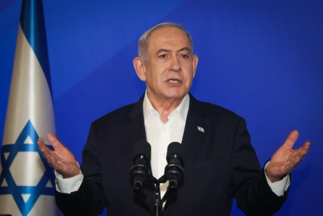  Israeli prime minister Benjamin Netanyahu speaks during a press conference at the Ministry of Defense, in Tel Aviv on January 18, 2024 (photo credit: YARIV KATZ/POOL)