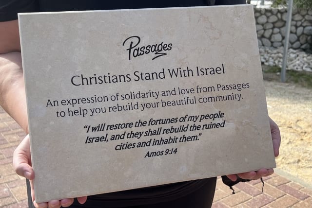  Passages brought a plaque to express their love and solidarity with Netiv HaAsara during these difficult times. (photo credit: MAAYAN HOFFMAN)