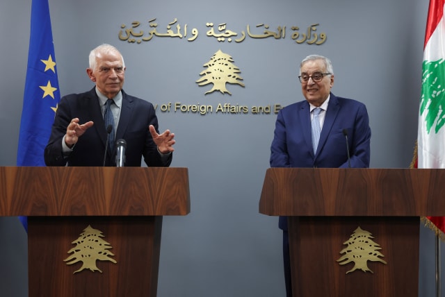  European Union's foreign policy chief Josep Borrell speaks during a joint news conference with Lebanon's caretaker Foreign Minister Abdallah Bou Habib in Beirut, Lebanon January 6, 2024.  (photo credit: REUTERS/MOHAMED AZAKIR)
