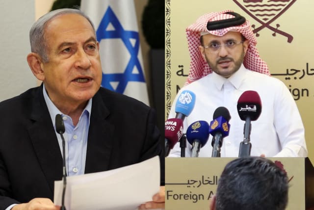 Israeli Prime Minister Benjamin Netanyahu, left, and Qatar Foreign Ministry spokesman Majed Al-Ansari, right. (photo credit: REUTERS/IMAD CREIDI, RONEN ZVULUN/REUTERS)
