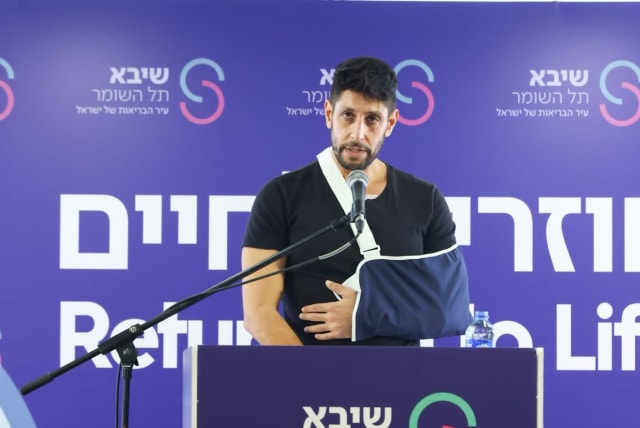  Idan Amedi speaks at Sheba Tel HaShomer medical center in his first public appearance since being injured in the Gaza Strip, January 25, 2024 (photo credit: ERAN LAM)