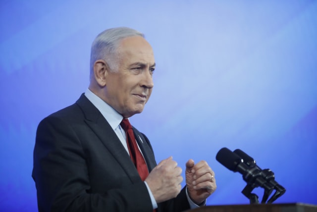  Prime Minister Benjamin Netanyahu speaks on January 27, 2024 (photo credit: TOMER APPELBAUM HAARETZ/POOL)