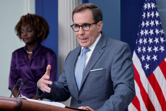  White House National Security Council Strategic Communications Coordinator John Kirby joins White House Press Secretary Karine Jean-Pierre for the daily press briefing at the White House in Washington, U.S. October 12, 2023. (photo credit: JONATHAN ERNST/REUTERS)
