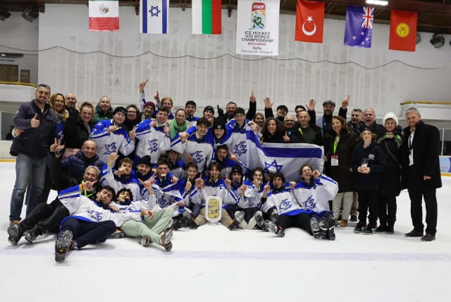  THE ISRAEL team celebrates on the ice following its 6-3 victory over Mexico to cap a gold-medal performance at the IIHF U20 Ice Hockey World Championship Division III, Group A event in Sofia, Bulgaria. (photo credit: Israel Hockey/Courtesy)