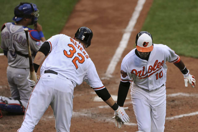  Baltimore Orioles batter Adam Jones (10) celebrates with Baltimore Orioles Matt Wieters in the seventh inning against the Texas Rangers in their first game of a doubleheader during their MLB American League baseball game in Baltimore, Maryland, May 10, 2012. (photo credit: REUTERS/Patrick Smith)